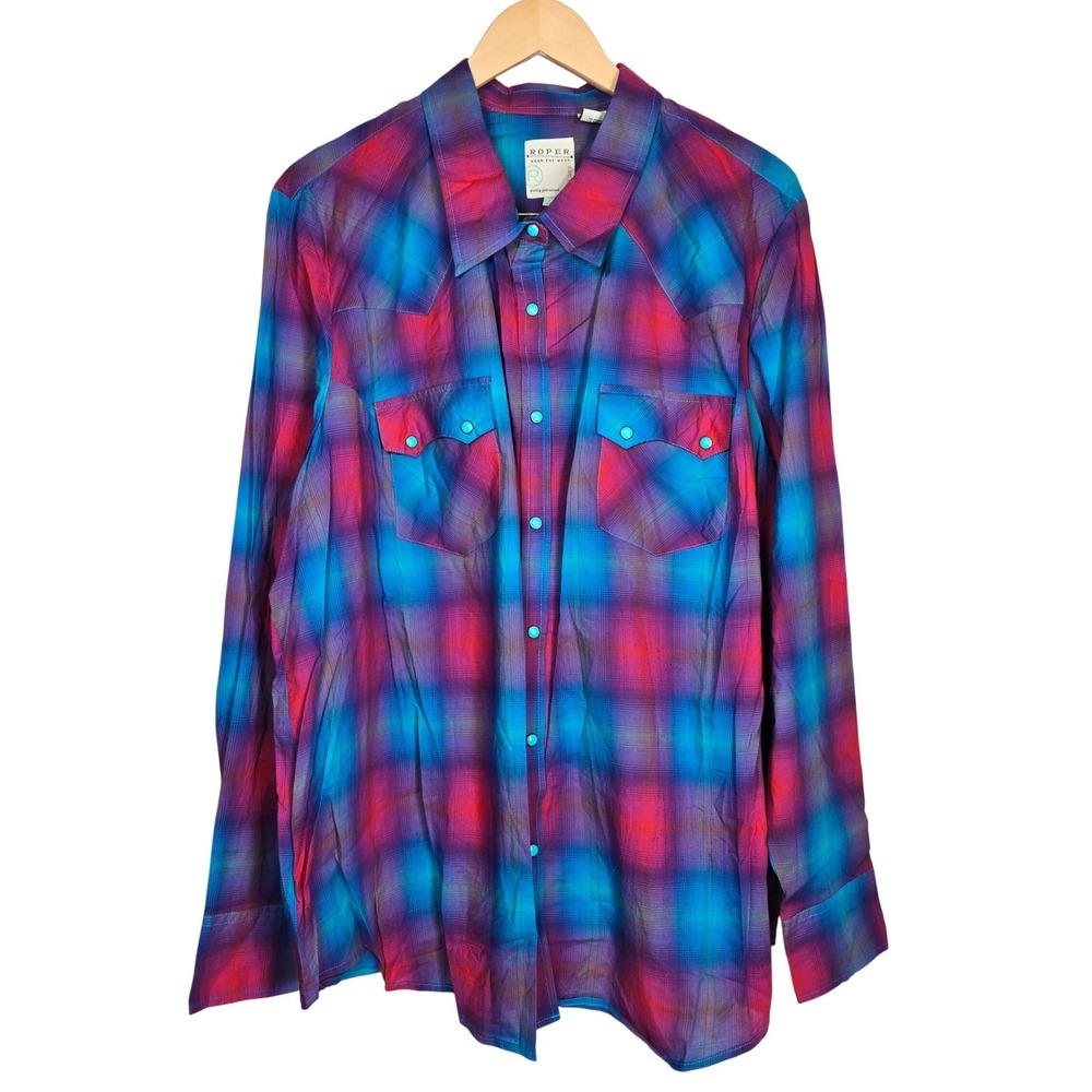 ROPER Western Plaid Snap Front Long Sleeve Shirt Ladies‎ 3X Blue Pink Purple